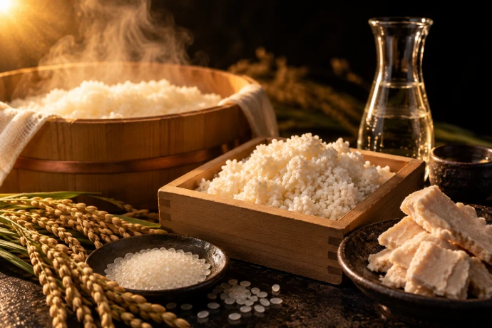 Japanese sake kasu and rice ingredients 白い酒粕の画像